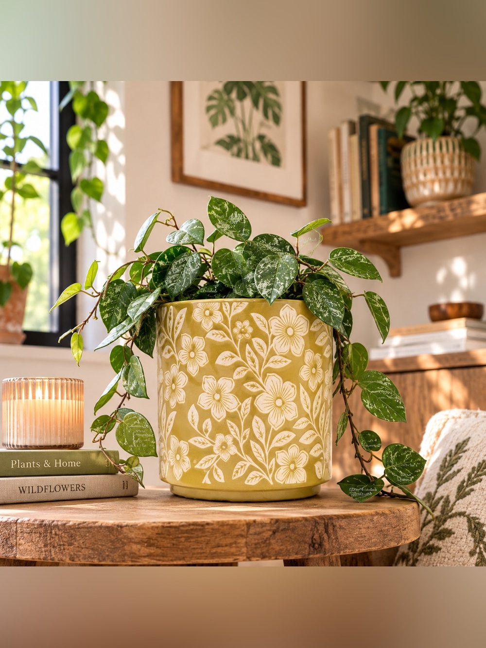 Yellow Floral Ceramic Planter 6 Inch Green Olive Pot with Drainage Hole
